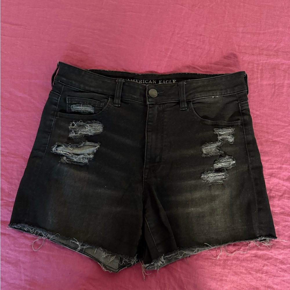 American Eagle High Rise Black Jean Shorts Distressed - Super Stretch